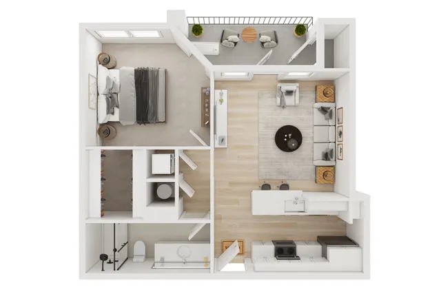 Modern 1-bedroom apartment floor plan featuring an open-concept living area, sleek kitchen, and cozy balcony.