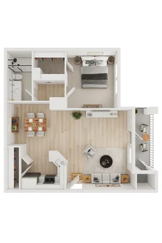 Bright and modern floor plan featuring one spacious bedroom, a sleek kitchen with dining area, cozy living room, and an inviting balcony.