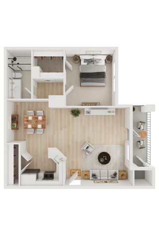 Modern 3D floor plan featuring a spacious bedroom, open-concept living and dining area, stylish kitchen, bathroom, and a cozy balcony.