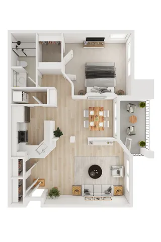 Chic apartment floor plan showcasing a spacious bedroom, modern kitchen, inviting dining area, cozy living room, and a charming balcony.