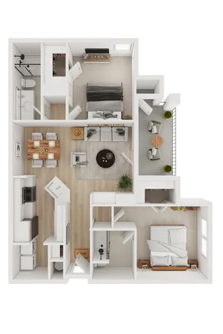 Modern floor plan featuring 2 bedrooms, open living and dining area, sleek kitchen, and cozy patio.