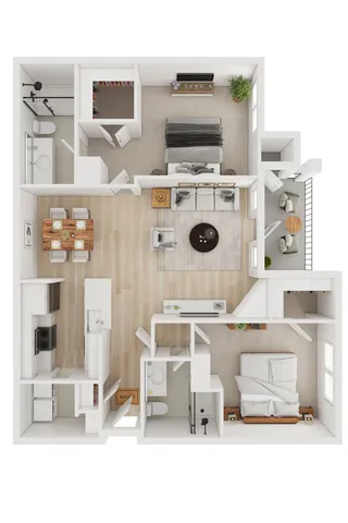Modern 2D floor plan showcasing two bedrooms, an open living area with plush seating, and a cozy balcony.