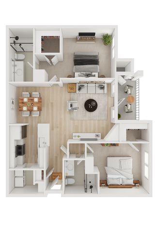 Chic 2D floor plan showcasing two bedrooms, welcoming open living space, modern kitchen, and cozy balcony for serene relaxation.