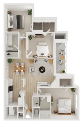 Modern 3D floor plan showcasing two cozy bedrooms, an inviting living area, elegant dining space, and a sleek kitchen, complemented by a charming balcony.