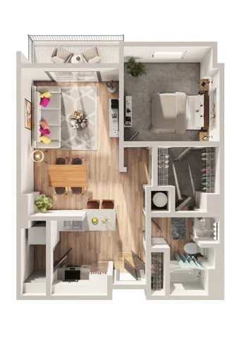 Chic 1-bedroom floor plan with open-concept living area, modern kitchen, and cozy balcony, perfect for urban living.