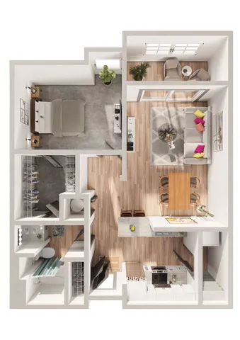 Modern 1-bedroom apartment floor plan featuring an open-concept living and dining area, sleek kitchen with breakfast bar, spacious walk-in closet, and cozy bathroom. Natural light enhances the contemporary decor.