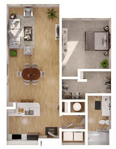 Modern floor plan showcasing an open-concept design with a cozy living room, stylish dining area, sleek kitchen, spacious bedroom, and a well-appointed bathroom.