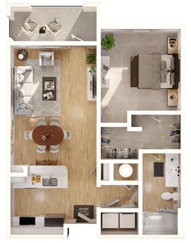 Charming 1 bedroom apartment floor plan featuring a cozy living room, modern kitchen, spacious bathroom, and relaxing balcony with stylish decor.