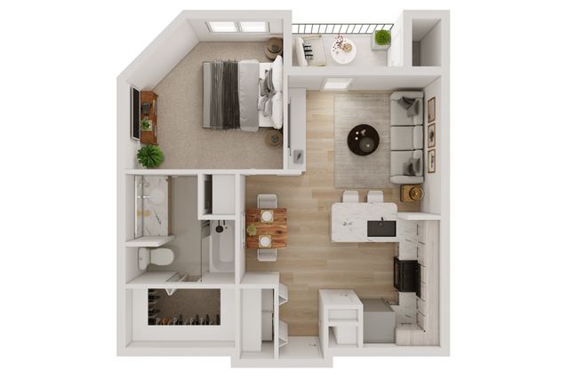 Modern 1-bedroom apartment floor plan with open-concept living and dining area, featuring a stylish kitchen, cozy bedroom, and private balcony.