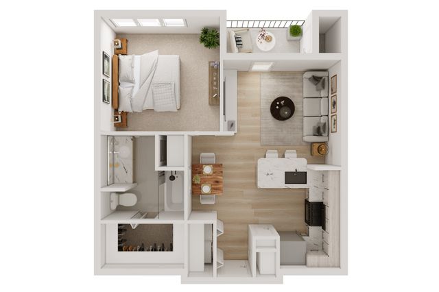 Chic 3D floor plan showcasing a cozy 1-bedroom apartment with a modern kitchen, inviting living area, and elegant bathroom, ideal for contemporary living.