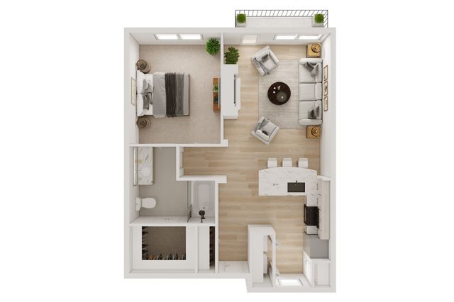 Modern 2D floor plan showcasing an elegant 1-bedroom apartment with a spacious living room, sleek kitchen, cozy bedroom, and stylish bathroom.