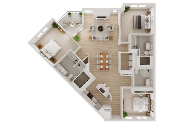 Modern 3D floor plan with two bedrooms, spacious living area, elegant dining space, and private balcony, ideal for stylish city living.