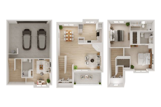 Modern 3D floor plan showcasing 3 levels with a 2-car garage, open-plan kitchen and living area, and two elegant bedrooms with en-suite bathrooms.