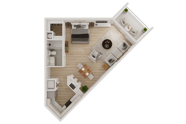 Elegant floor plan showcasing a modern one-bedroom apartment with a sleek kitchen, cozy living area, and private balcony.