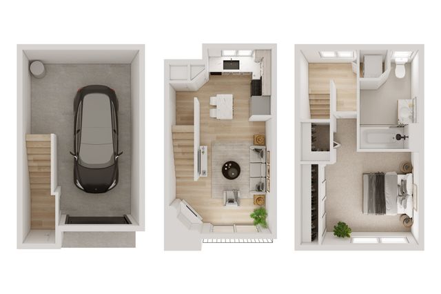 Modern multi-level floor plan showing a garage with car, stylish open-concept kitchen-living area, and cozy bedroom with ensuite bathroom.