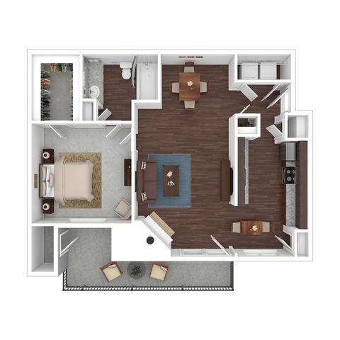 Elegant 3D floor plan showcasing a spacious one-bedroom apartment with an open kitchen, cozy living room, modern bathroom, and a private balcony.