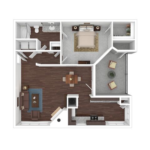 Elegant floor plan featuring a spacious master bedroom, inviting living room, modern kitchen, and cozy balcony.