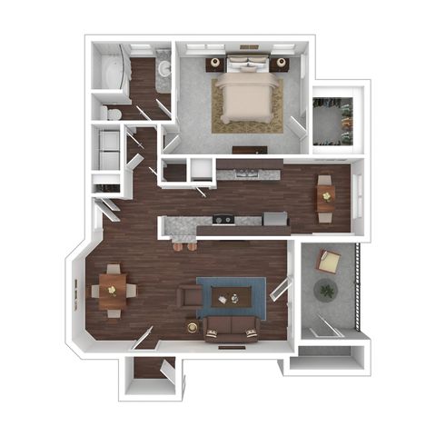 Modern 3D floor plan with one spacious bedroom, open living and dining area, sleek kitchen, and elegant bathroom.