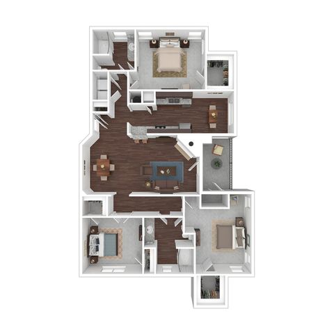 Chic 3-bedroom floor plan featuring an open living area, modern kitchen, and two stylish bathrooms.