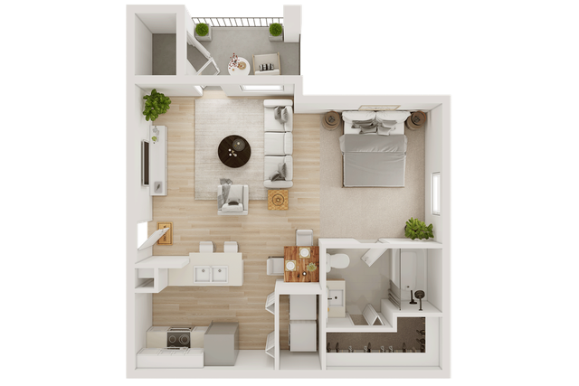 Modern one-bedroom apartment floor plan with open-concept living area, stylish kitchen, cozy bedroom, and private balcony.