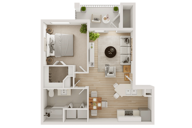 Charming 1-bedroom apartment floor plan with a cozy living area, modern kitchen, and elegant balcony views.