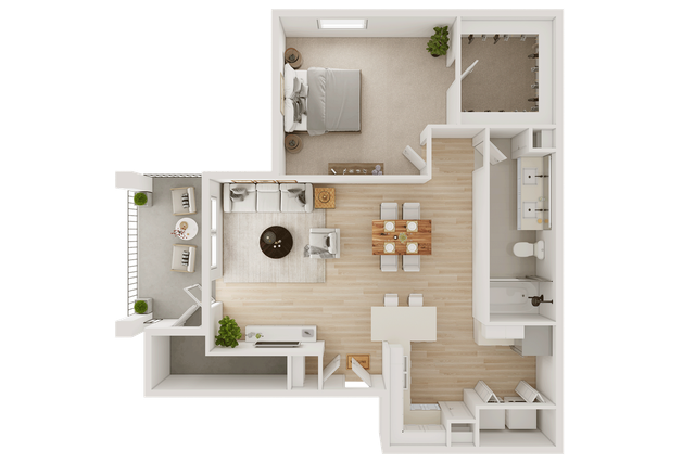 Chic open floor plan featuring one bedroom, spacious living and dining area, modern kitchen, and cozy outdoor balcony.