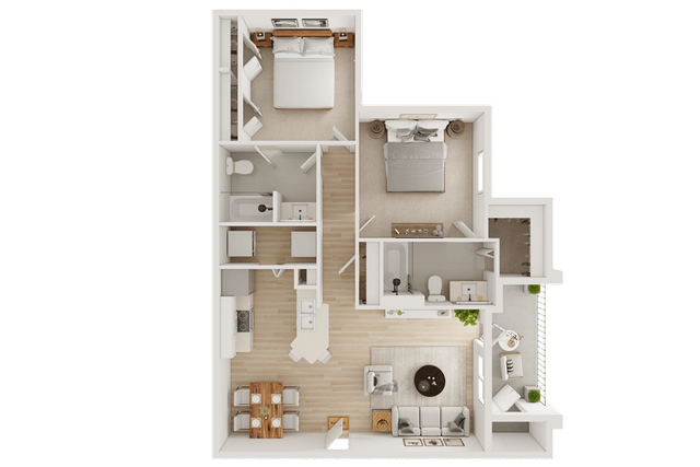 Modern 3D floor plan showcasing 2 spacious bedrooms, an open-concept kitchen and dining area, cozy living room, and a private balcony for relaxation.