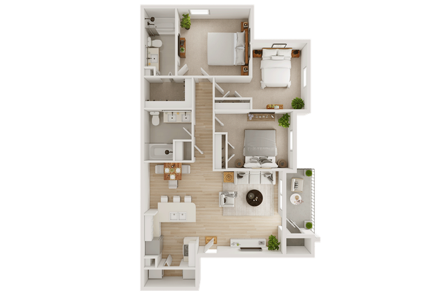 Modern apartment floor plan with two bedrooms, elegant open-concept living area, stylish kitchen, and two bathrooms, offering a comfortable and spacious layout.