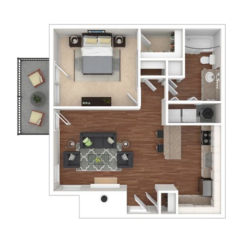 Modern floor plan featuring a spacious 1-bedroom layout with open living area, contemporary kitchen, and a stylish balcony.