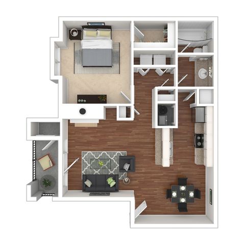 Chic 3D floor plan showcasing a spacious one-bedroom layout with an open living and dining area, a modern kitchen, and a cozy private balcony.