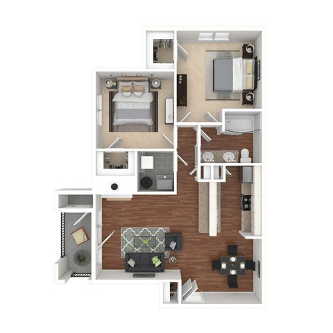 Modern 2D floor plan showcasing 2 bedrooms, elegant open-concept living area, well-designed kitchen, and cozy balcony space.