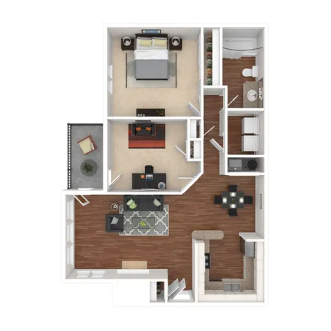 Chic floor plan showcasing a spacious one-bedroom apartment with a cozy home office, modern kitchen, and inviting living area near a private balcony.