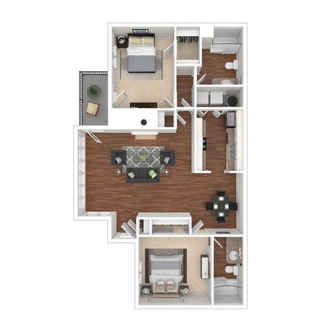 Modern floor plan showcasing 2 bedrooms, an open-concept living and dining area, sleek kitchen, and balcony access, ideal for contemporary living.