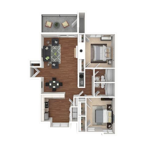Modern 3D floor plan showcasing two bedrooms, spacious living area, and contemporary kitchen with a cozy balcony view.