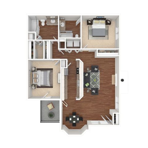 Elegant 2D floor plan showcasing 2 bedrooms, a modern living room, open kitchen, and balcony dining area with inviting wood flooring.