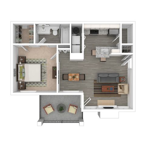 Modern floor plan featuring 1 spacious bedroom, open-concept living and dining area, stylish kitchen with island, and private balcony for relaxation.