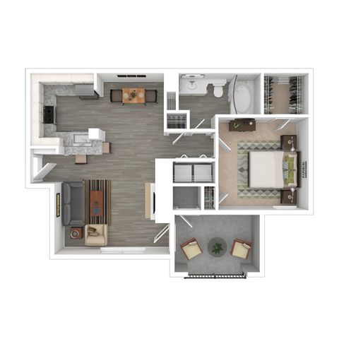 Modern 1-bedroom apartment floor plan showcasing an open kitchen, cozy living area, elegant bathroom, and private balcony space.