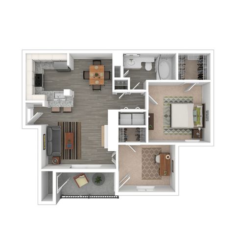 Modern floor plan showcasing 2 bedrooms, open-concept living and dining area, and stylish kitchen.
