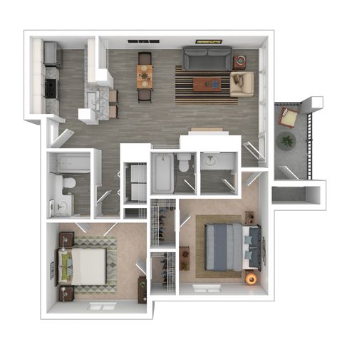 Modern 2D floor plan showcasing two bedrooms, an open-concept living and dining area, stylish kitchen, and a cozy balcony.