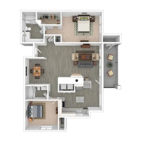 Modern 3D floor plan featuring 2 bedrooms, 2 bathrooms, an open-concept living area, and a private balcony with stylish furnishings.