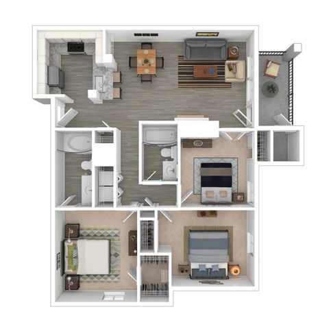 Contemporary 3D floor plan showcasing 2 bedrooms, 2 bathrooms, a modern kitchen, open living and dining spaces, and a cozy balcony.