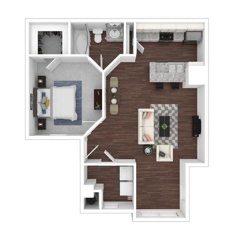 Modern apartment floor plan with one bedroom, sleek kitchen, cozy living area, and spacious bathroom. Perfect for stylish urban living.