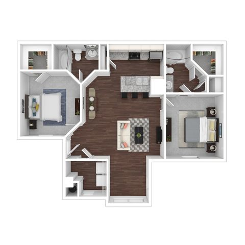 Modern 2D floor plan showcasing elegant living space with 2 spacious bedrooms, open kitchen, and stylish living room area.