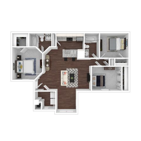 Modern floor plan showcasing three bedrooms, open-concept living space, and a sleek kitchen with island.