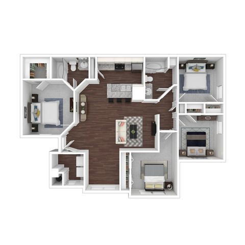 Chic 3D floor plan showcasing a spacious three-bedroom layout with an open-concept living area, modern kitchen, and two elegant bathrooms.