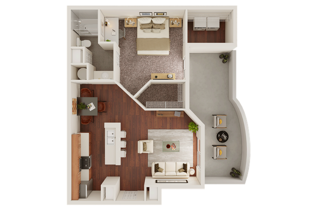 Modern single-bedroom floor plan showcasing a spacious living area, elegant kitchen with bar seating, and cozy outdoor patio.
