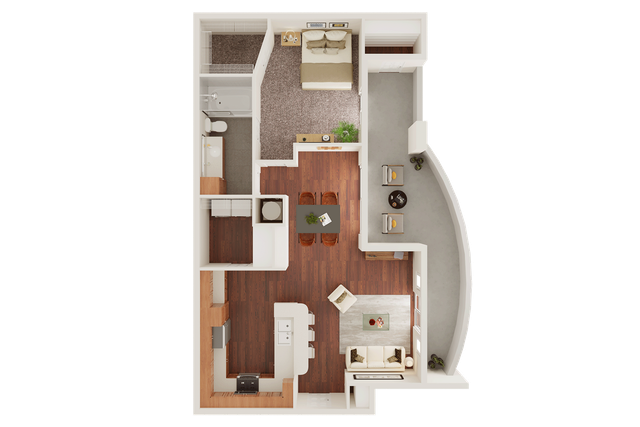 Elegant 3D floor plan showcasing a modern one-bedroom apartment with a spacious open-concept kitchen, cozy living area, and stylish bathroom.