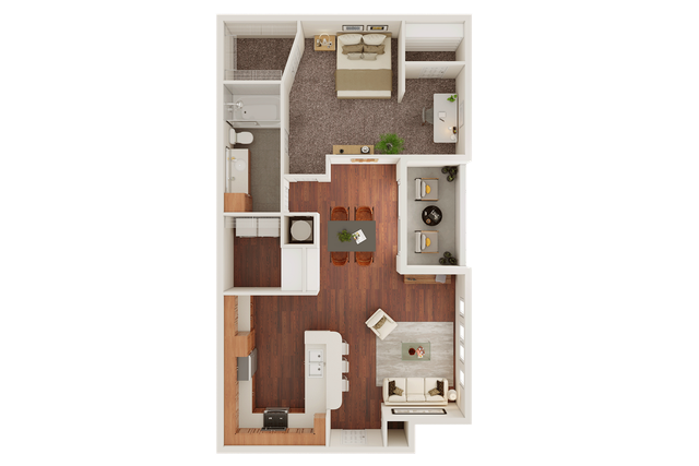 Elegant 1-bedroom apartment floor plan with spacious open-concept living area, modern kitchen, and cozy dining space.