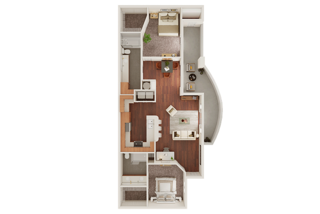 Modern 2-bedroom floor plan showcasing an open-concept living area, sleek kitchen, and elegant dining space, perfect for comfortable living.