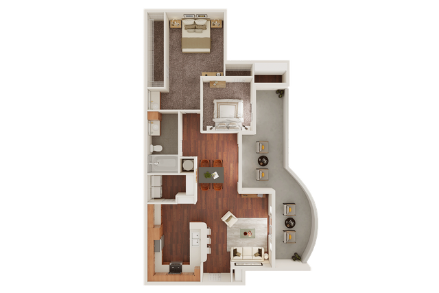 Elegant floor plan showcasing an open-concept living room, modern kitchen, 2 cozy bedrooms, and a spacious balcony.
